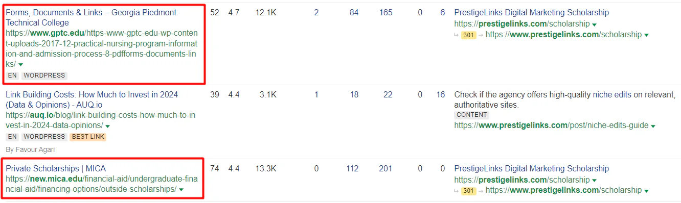 2 examples of links pointing from edu websites to ours