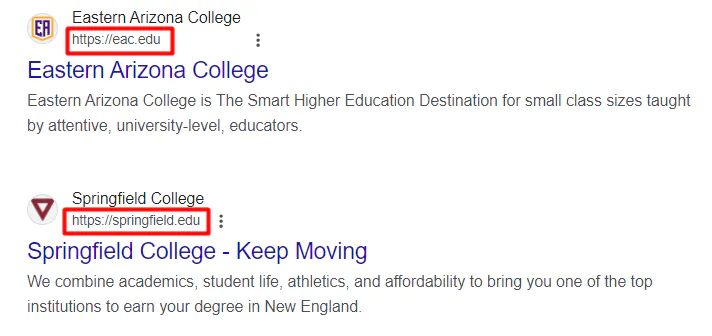 2 examples of websites with an .edu domain name