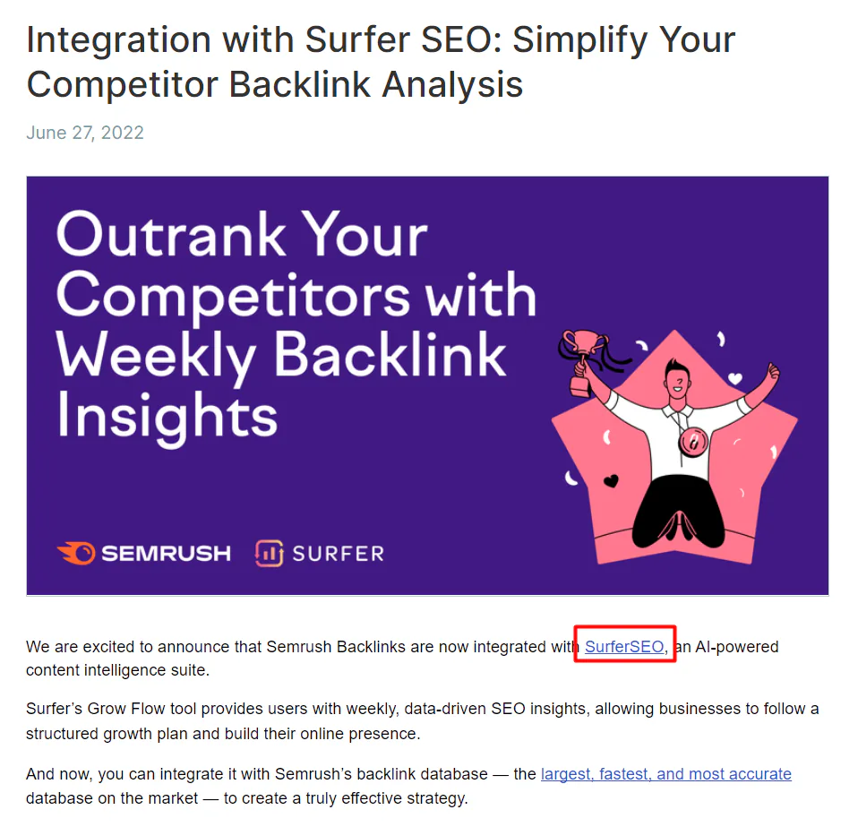 A blog post titled: "Integration with Surfer SEO: Simplify Your Competitor Backlink Analysis" with the link to SurferSEO's website highlighted