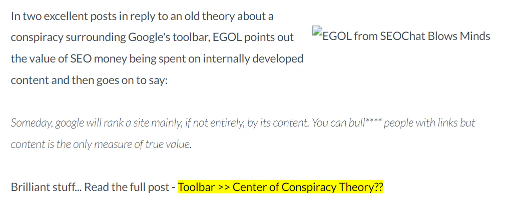 A broken link on a page highlighted in yellow