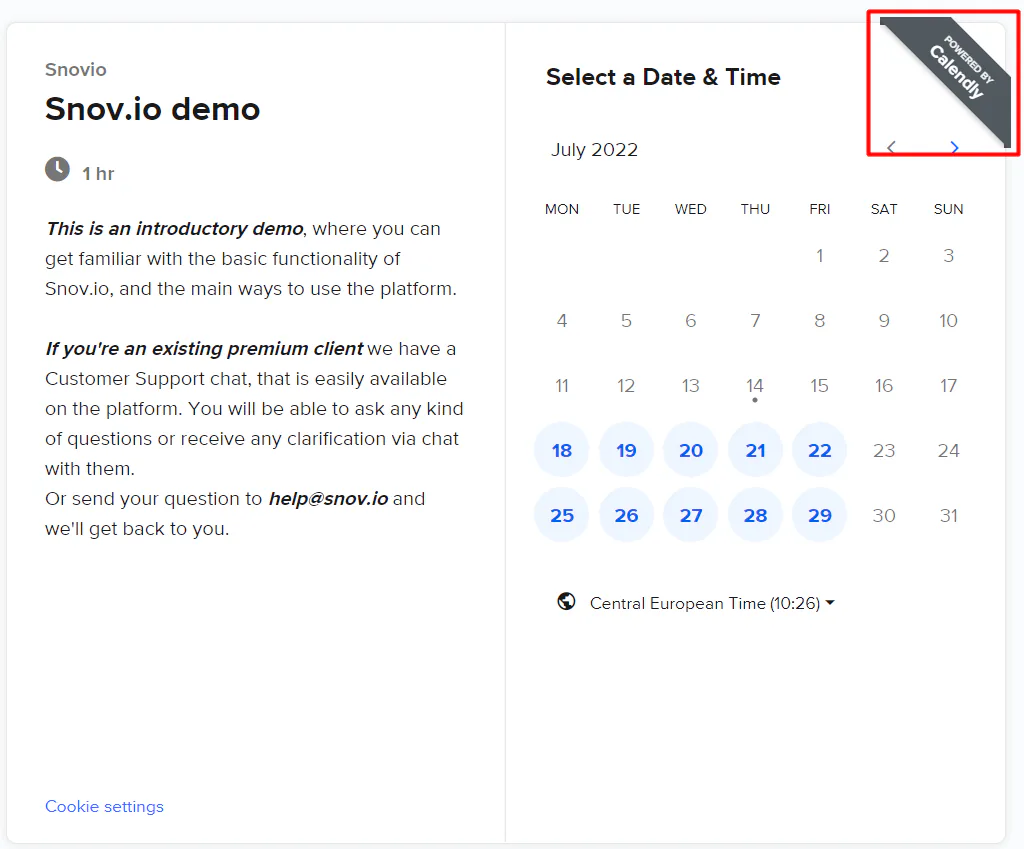 A Calendly link with the Calendly widget in the right-hand corner highlighted