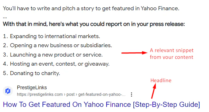 A featured snippet of our blog post shows that search engines display a snippet from the content and the headline of the result for that position