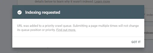 A message confirming that indexing in Google has been requested