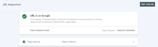 A message confirming that the inspected URL is already on Google‍