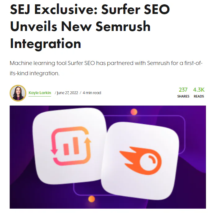 A news article titled: "SEJ Exclusive: Surfer SEO Unveils New Semrush Integration"