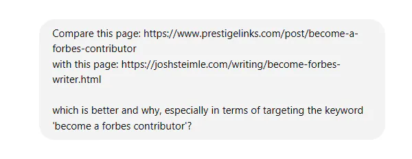A prompt asking ChatGPT to compare one page with another page competing with it