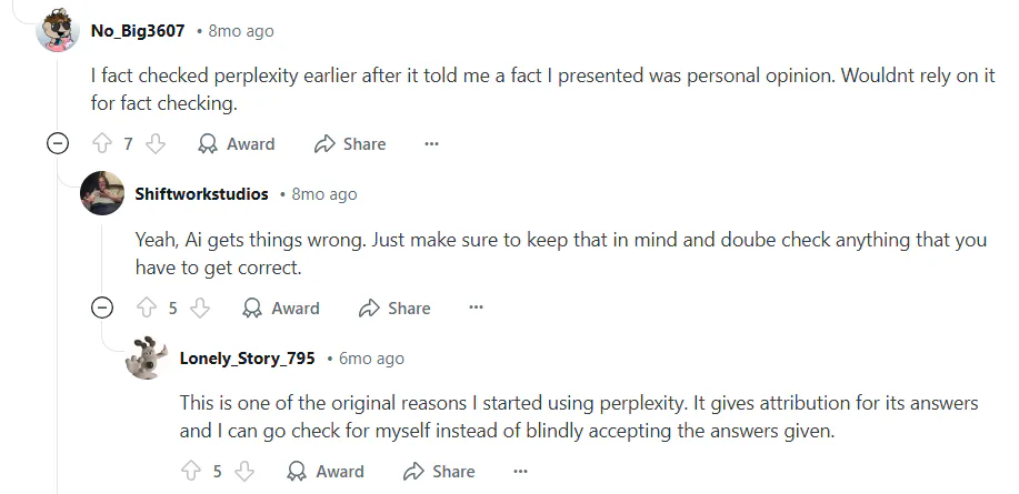 A Reddit thread on Perplexity giving attribution for its answers