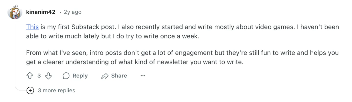 A Reddit user talking about intro posts on Substack