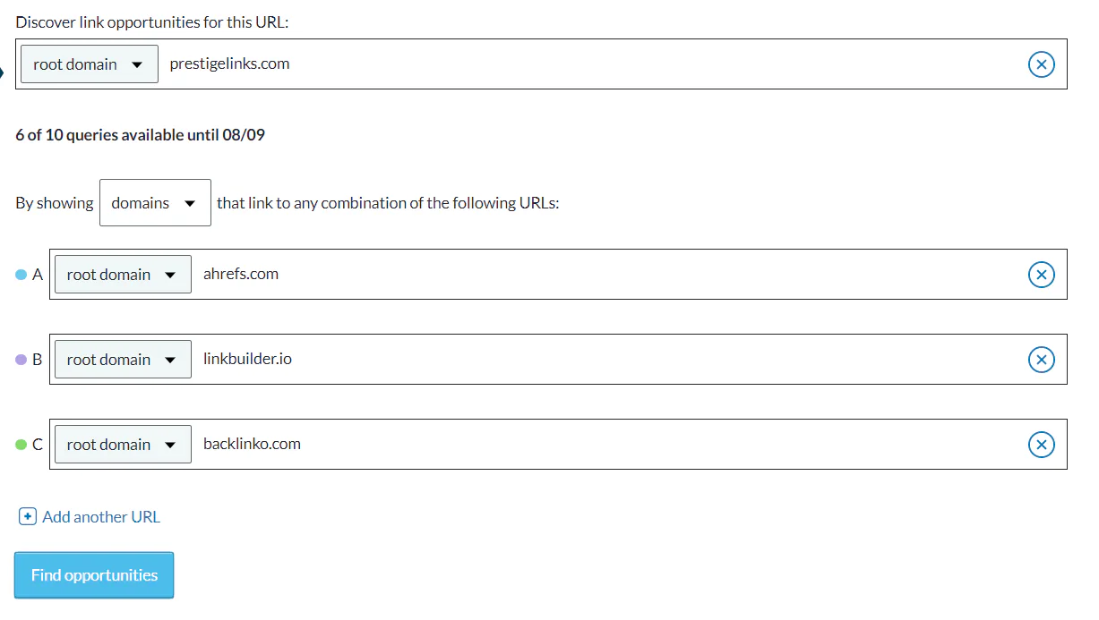 A screenshot of Moz Link Intersect tool with a URL to our website and the URLs to three of our competitors