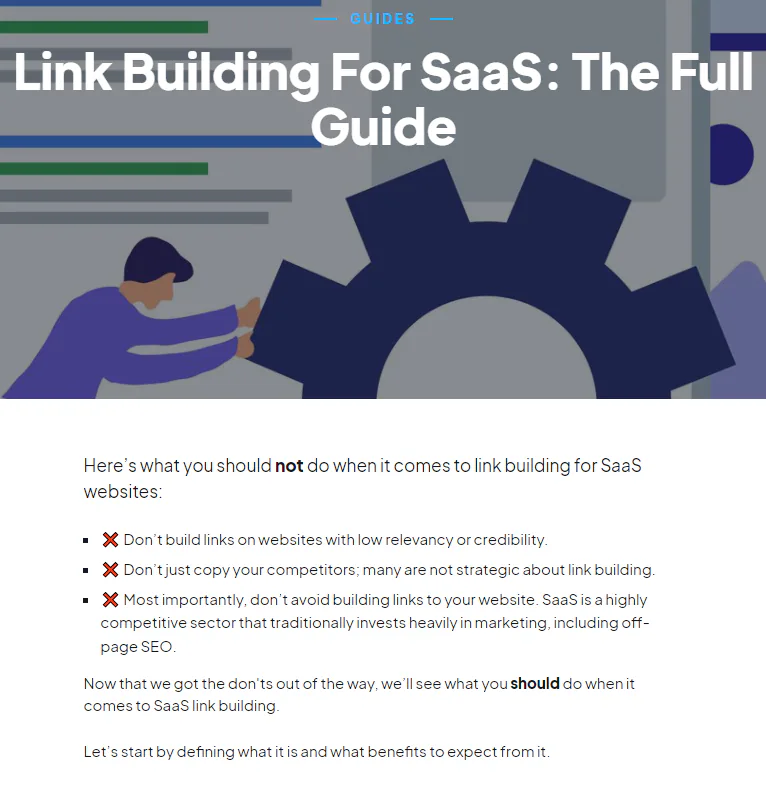 A screenshot of our guide on link building for SaaS