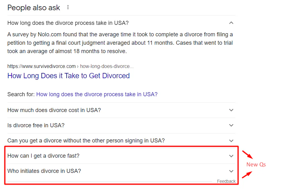 A screenshot of the People Also Ask section on Google, with the two additional questions that appeared subsequently highlighted