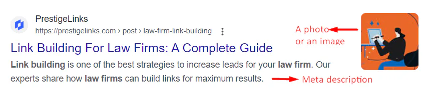 A search result for our blog post showing that the search engine displays our meta description and an image from the post