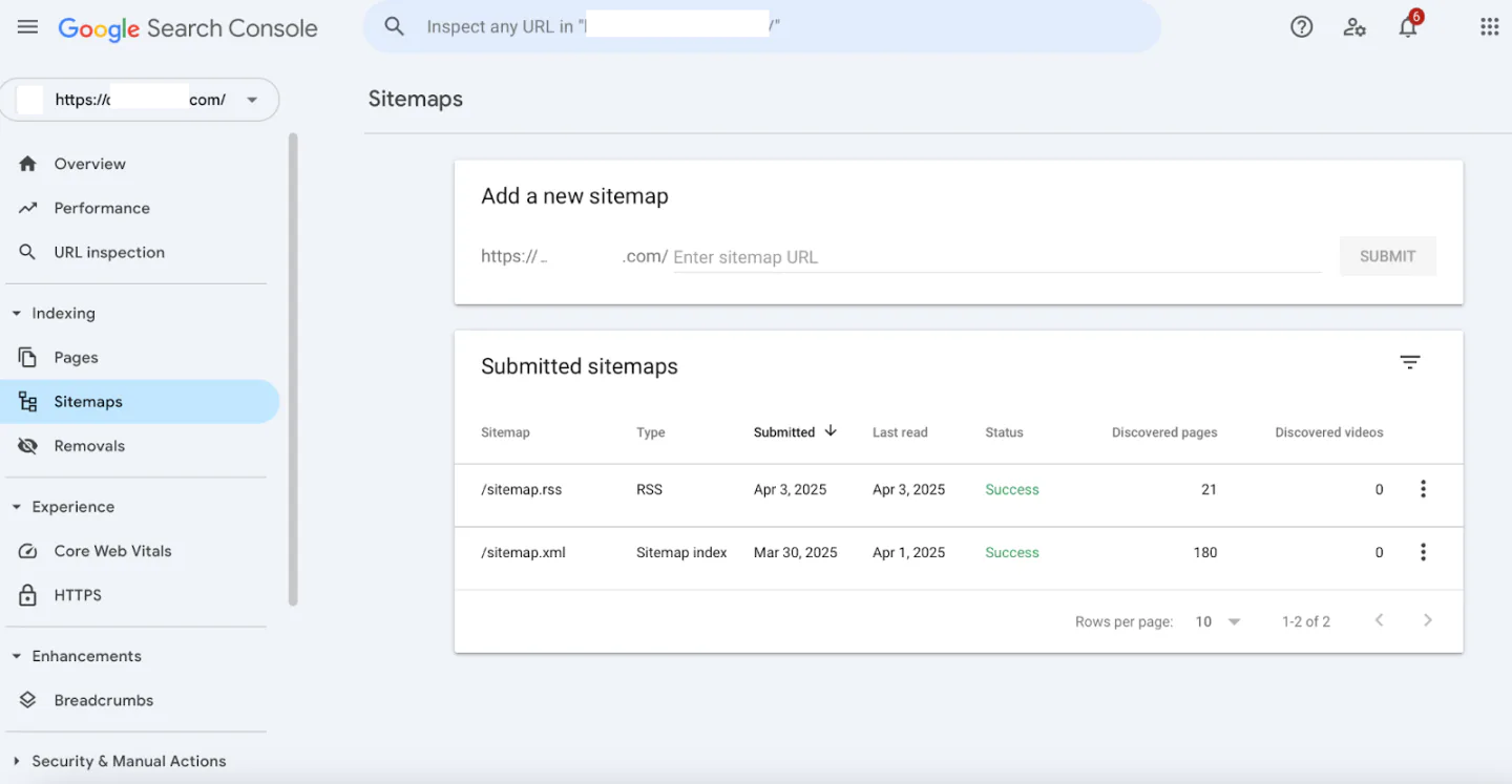 A snapshot of a Google Search Console tab for submitting a sitemap