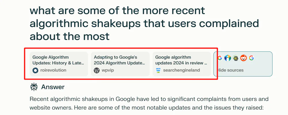 A snapshot of a Perplexity-generated answer with the sources highlighted