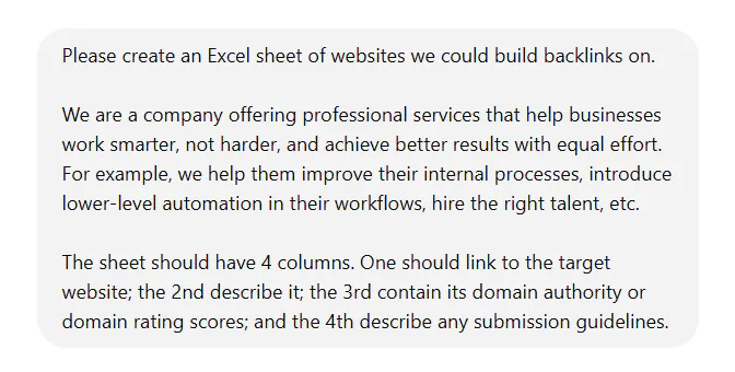 A snapshot of a prompt instructing ChatGPT to create an Excel sheet of websites to target for link building