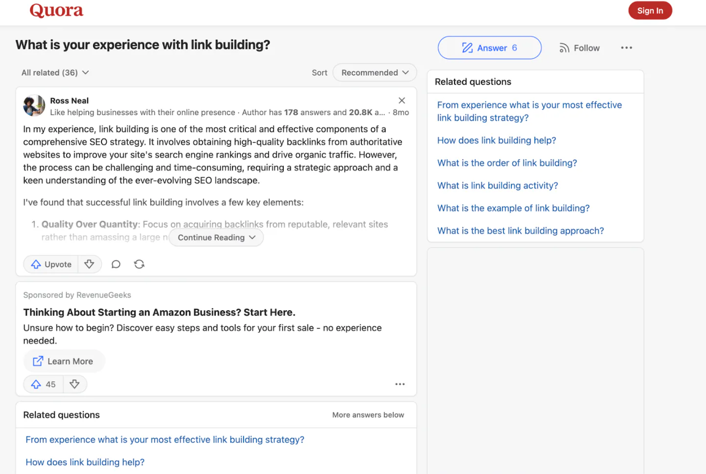 A snapshot of a question on Quora pertaining to link building