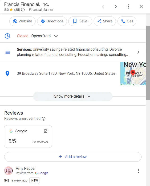A snapshot of a robust Google Business profile for a finanacial services business