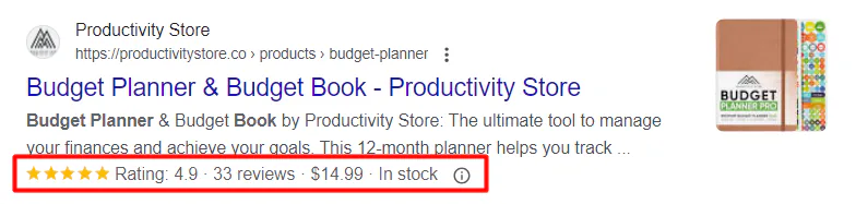 A snapshot of a search result with the structured data highlighted, namely the rating, number of reviews, price, and "in stock" tag