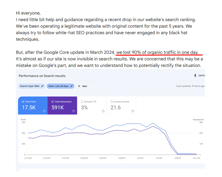 A snapshot of a user recounting they had lost 90% of organic traffic in one day following the Google Core update in March 2024