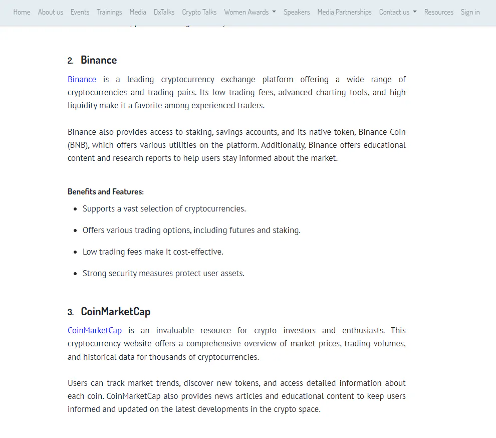 A snapshot of a website roundup article featuring 10 websites on crypto
