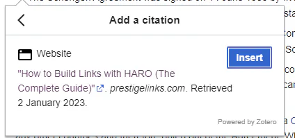 A snapshot of Add a citation box on Wikipedia