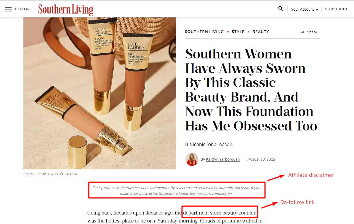 A snapshot of an article published in Southern Living with a do-follow link and an affiliate disclaimer