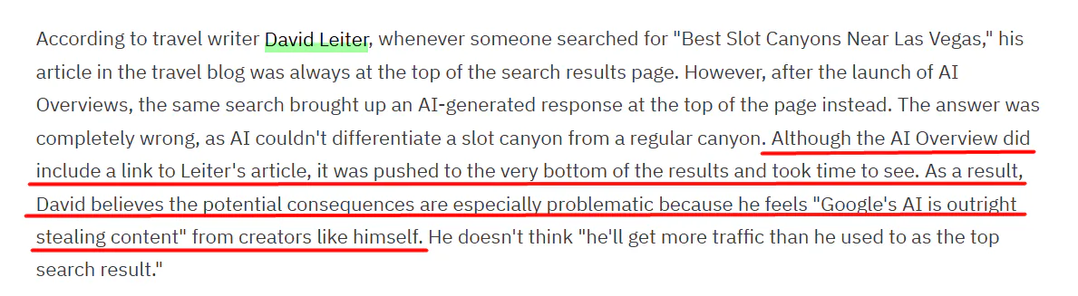A snapshot of an article talking about how one travel writer feels 'Google's AI is outright stealing content from creators'