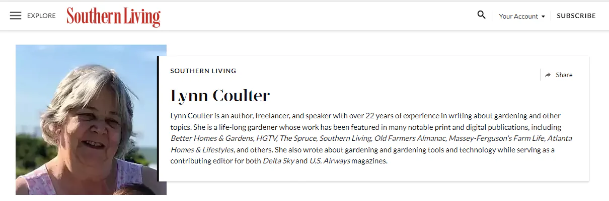 A snapshot of an author bio in Souther Living