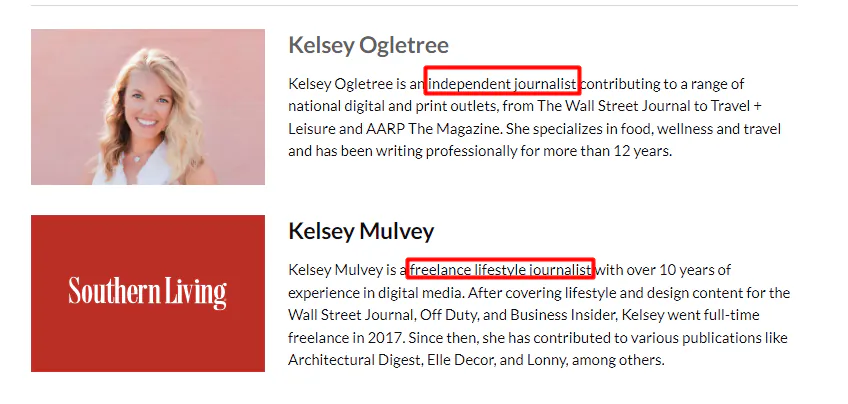 A snapshot of author bios of independent contributors for Southern Living