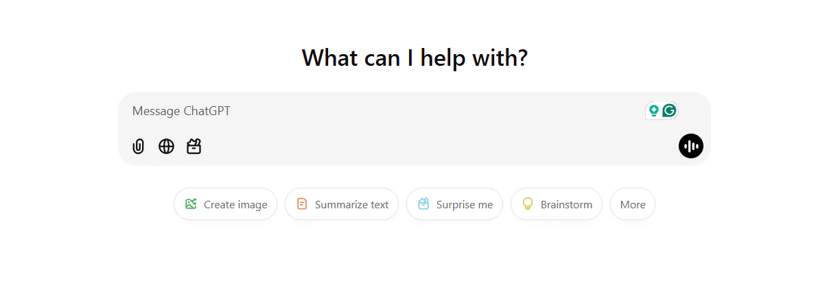 A snapshot of ChatGPT's chatbox, together with features that let users search the web, upload files, add voice prompts, etc.