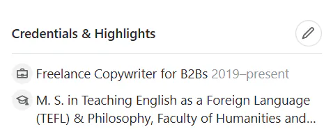 A snapshot of credentials & highlights on a Quora profile