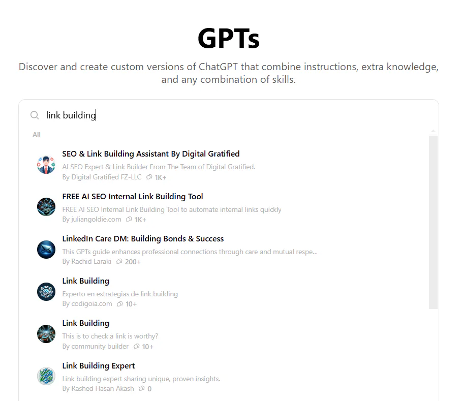 A snapshot of custom GPTs for link building
