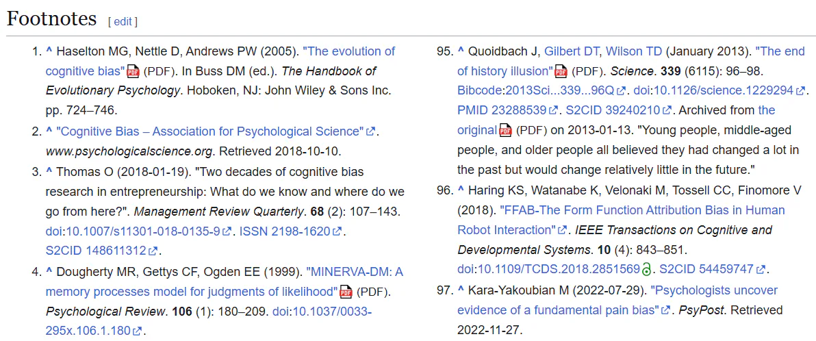 A snapshot of Footnotes on Wikipedia