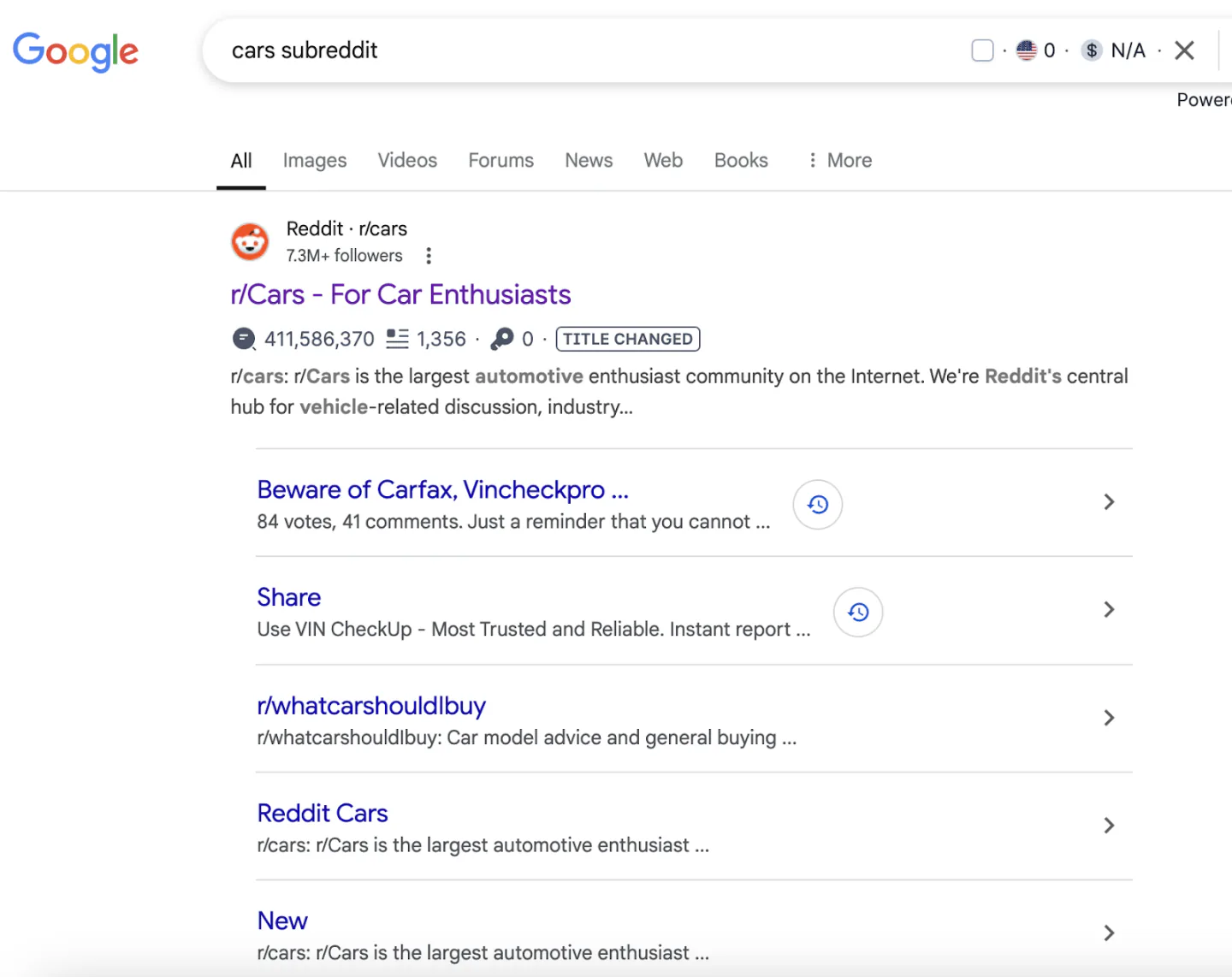 A snapshot of Google search results for 'cars subreddit'