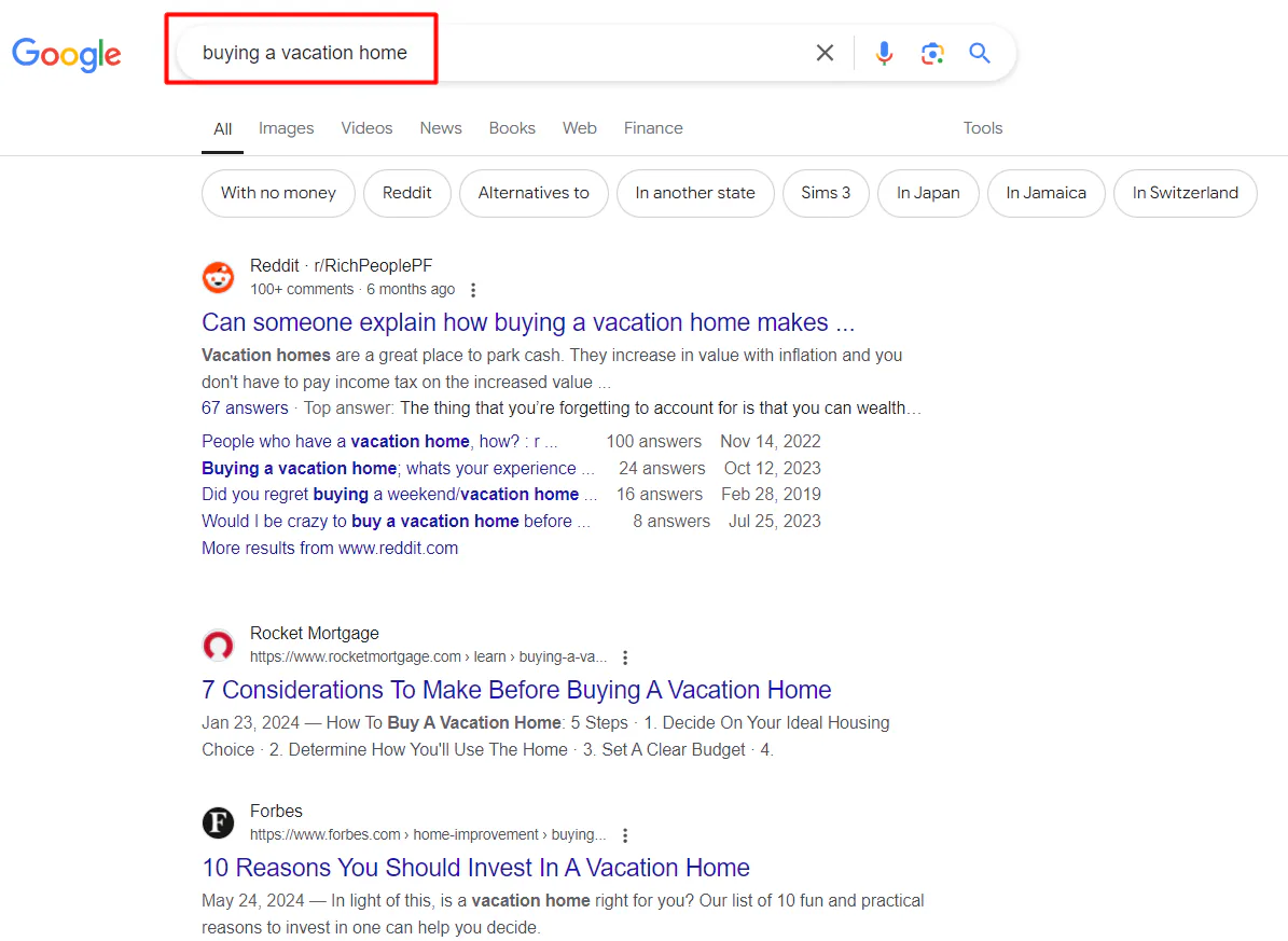 A snapshot of Google search results for the keyword "buying a vacation home"