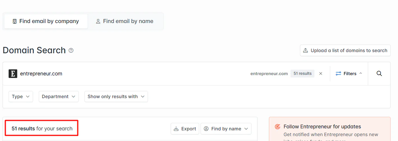 A snapshot of Hunter.io finding 50+ email addresses connected to entrepreneur.com
