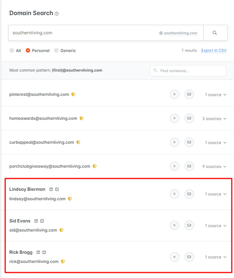 A snapshot of Hunter.io finding email addresses connected with the Southern Living website