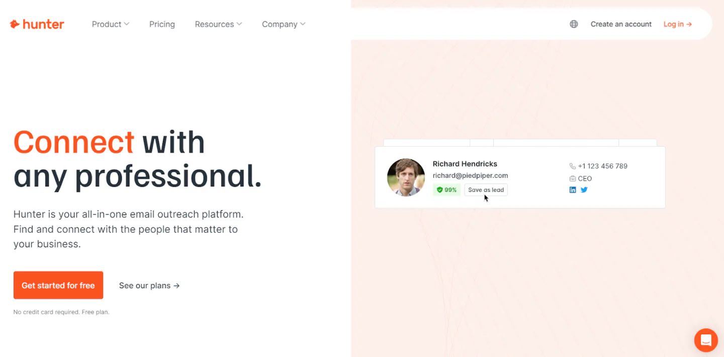 A snapshot of Hunter.io's home page