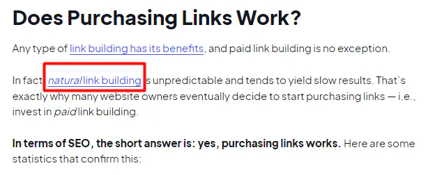 A snapshot of our blog on purchasing links, with the anchor phrase "natural link building" highlighted