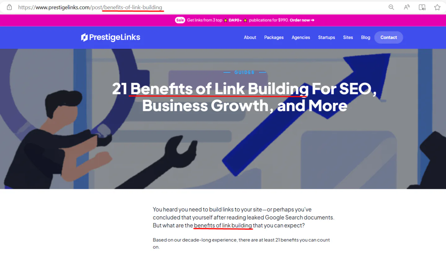 A snapshot of our blog post with the keywords in the URL, H1, and intro highlighted