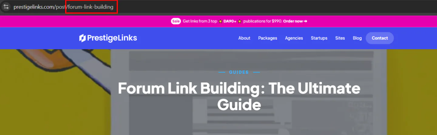 A snapshot of our blog post with the URL "forum-link-building" ighlighted