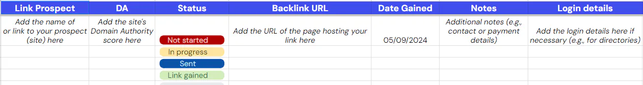 A snapshot of our free backlink tracking spreadsheet.