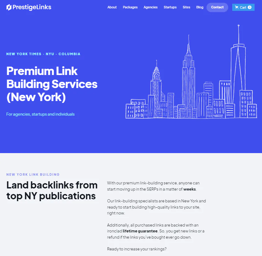 A snapshot of our page titled Premium Link Building Services (New York), which targets a local-specific keyword
