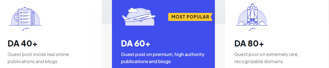 A snapshot of our three link packages, with sites ith DA 40+, 60+, and 80+