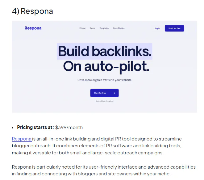 A snapshot of our updated post on blogger outreach tools, which was changed to include a link to Respona