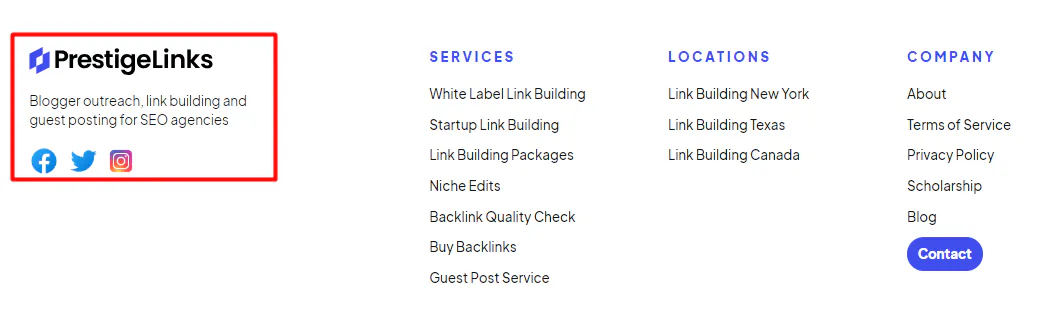 A snapshot of our website with social media icons in the footer highlighted