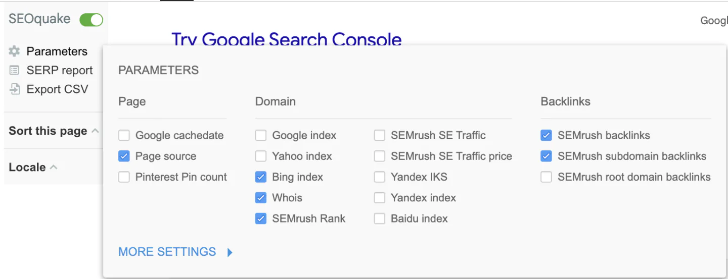 A snapshot of parameters on SEOquake