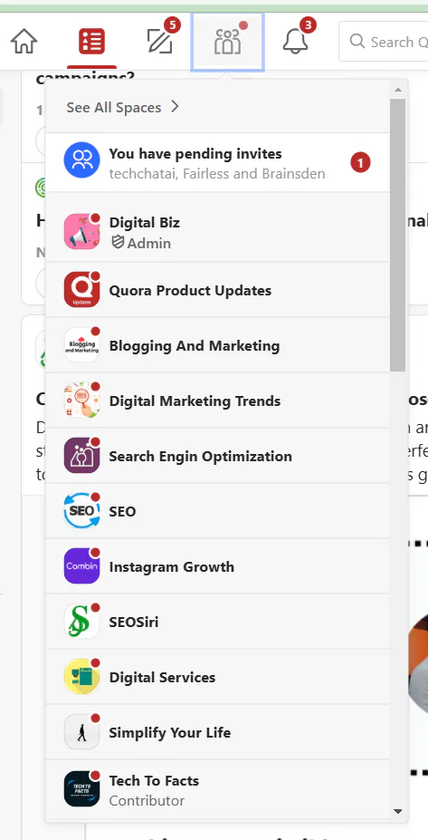 A snapshot of Quora spaces