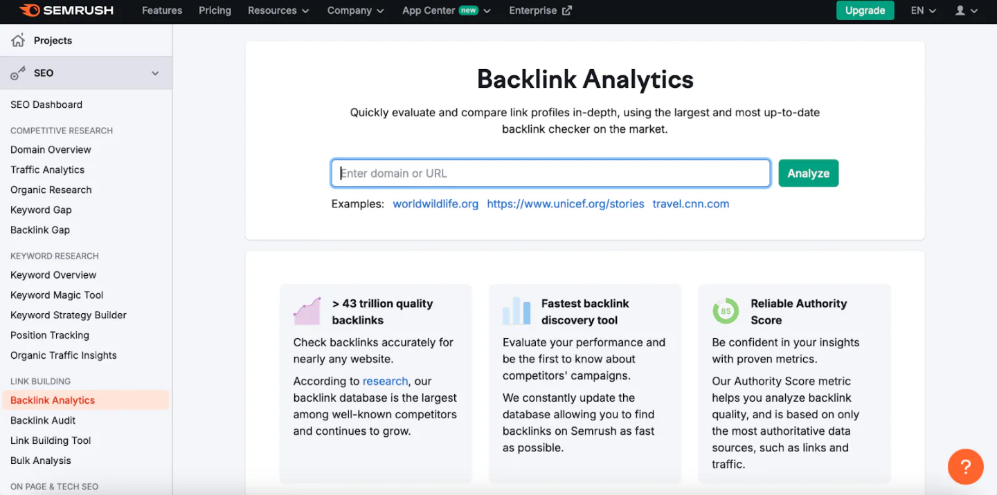 A snaspshot of Semrush Backlink Analytics tool