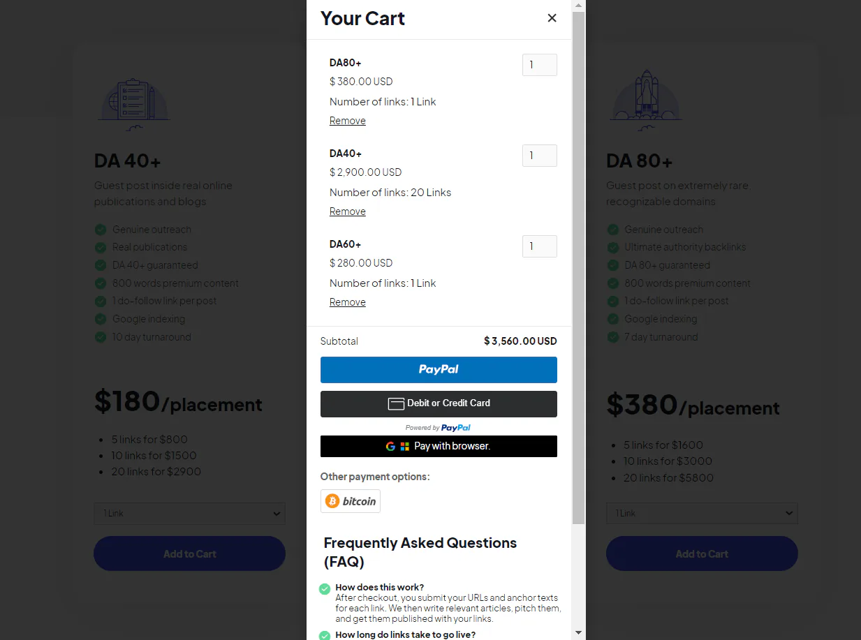 A snapshot of the cart on our website with several backlink orders in it